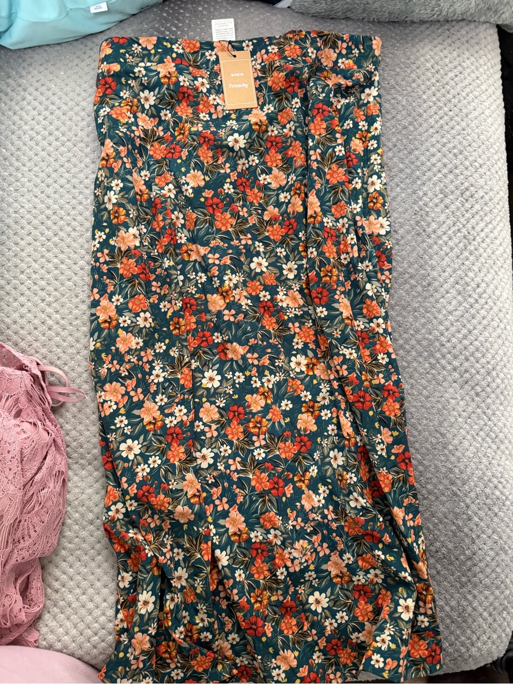 SHEIN Teal Maxi Skirt with Orange & Cream Floral Print